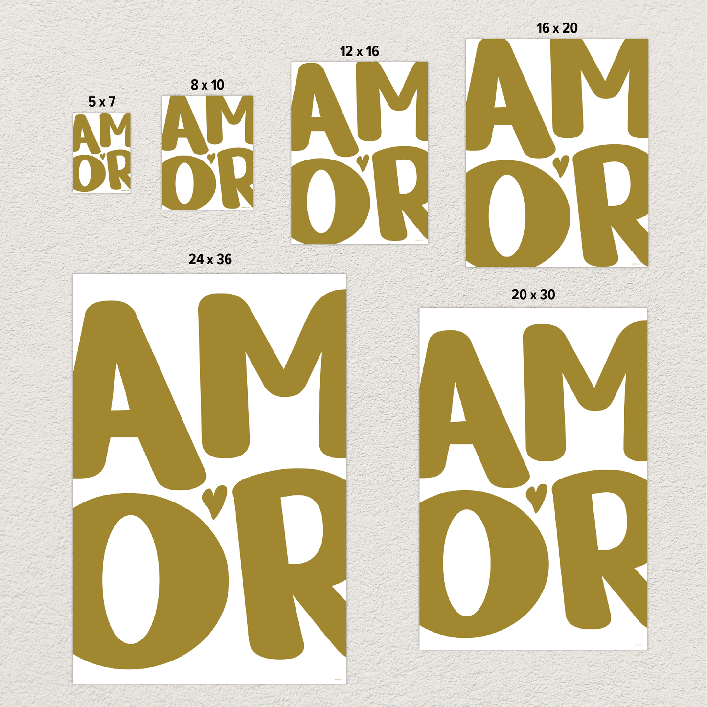 'AMOR' Modern Aesthetic Wall Art Print in warm green, size comparison photo. Cute wall decor.