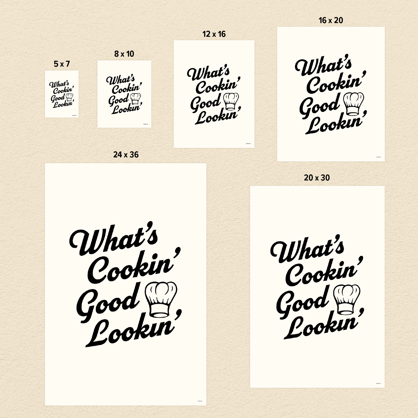 "What's Cookin' Good Lookin'" Kitchen Wall Art Print, size comparison photo. Cute wall decor.
