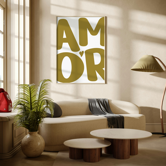 Large 'AMOR' Modern Aesthetic Wall Art Print in warm green on white. Framed cute wall decor in a stylish living room.