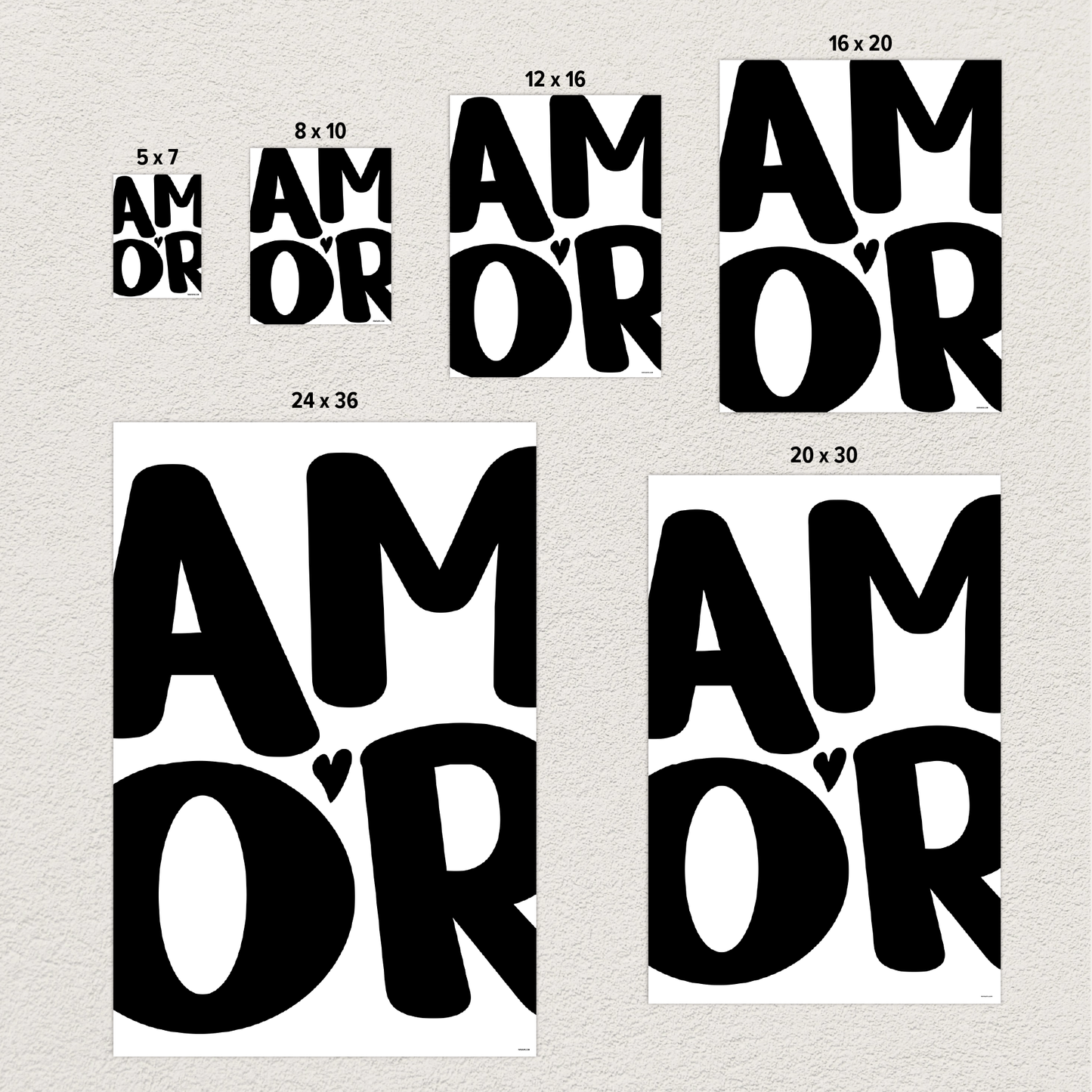 'AMOR' Modern Aesthetic Wall Art Print in bold black, size comparison photo. Cute wall decor.