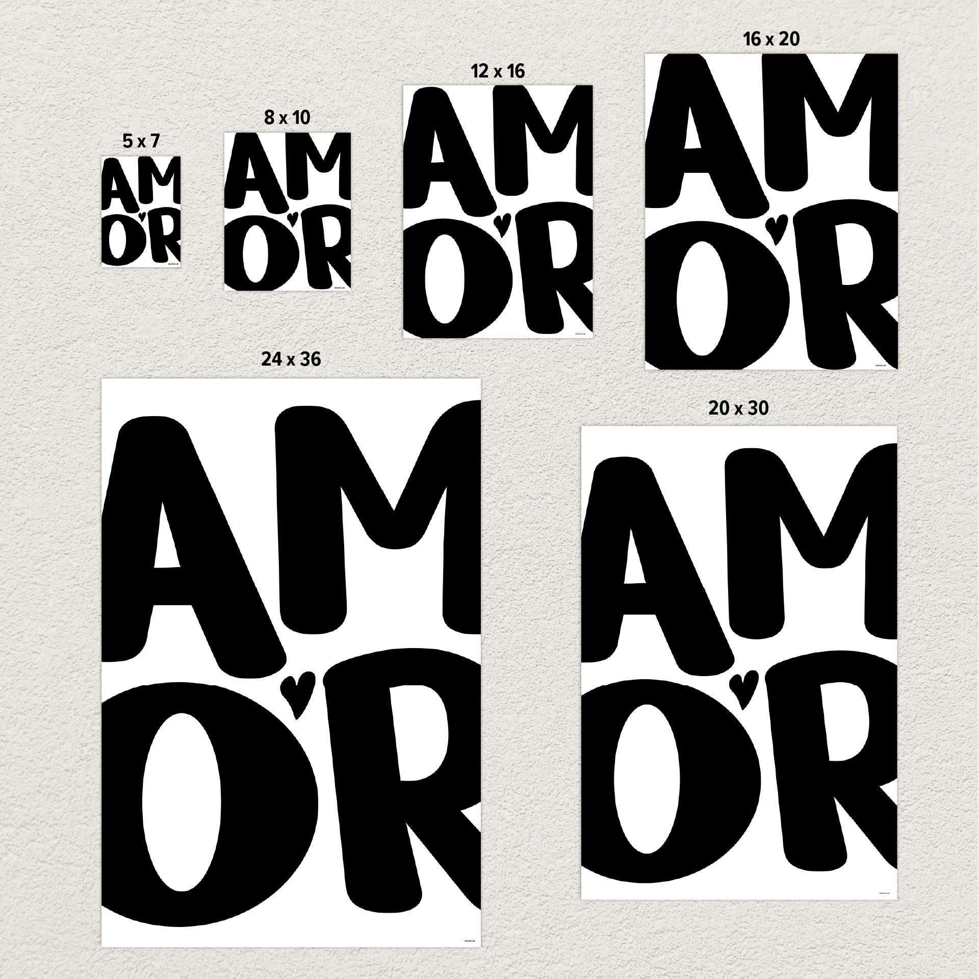 'AMOR' Modern Aesthetic Wall Art Print in bold black, size comparison photo. Cute wall decor.