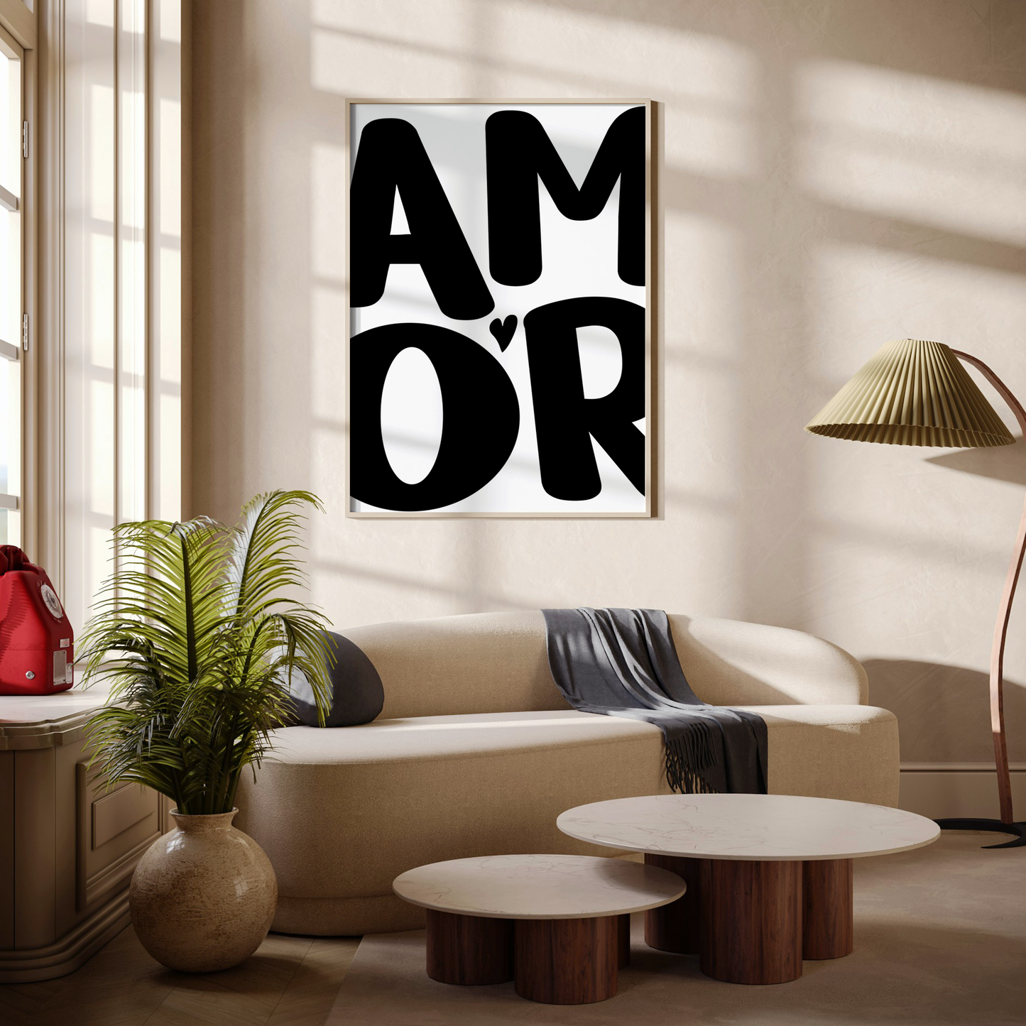 Large 'AMOR' Modern Aesthetic Wall Art Print in bold black on white. Framed cute wall decor in a stylish living room.