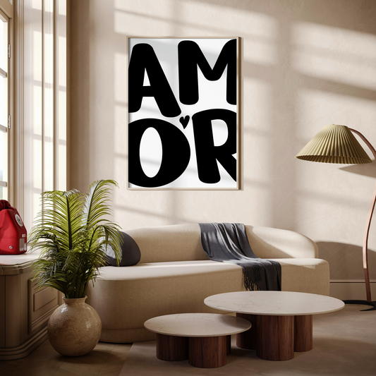 Large 'AMOR' Modern Aesthetic Wall Art Print in bold black on white. Framed cute wall decor in a stylish living room.