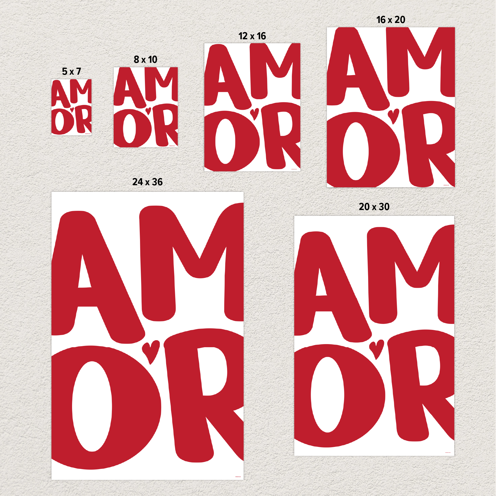 'AMOR' Modern Aesthetic Wall Art Print in red, size comparison photo. Cute wall decor.