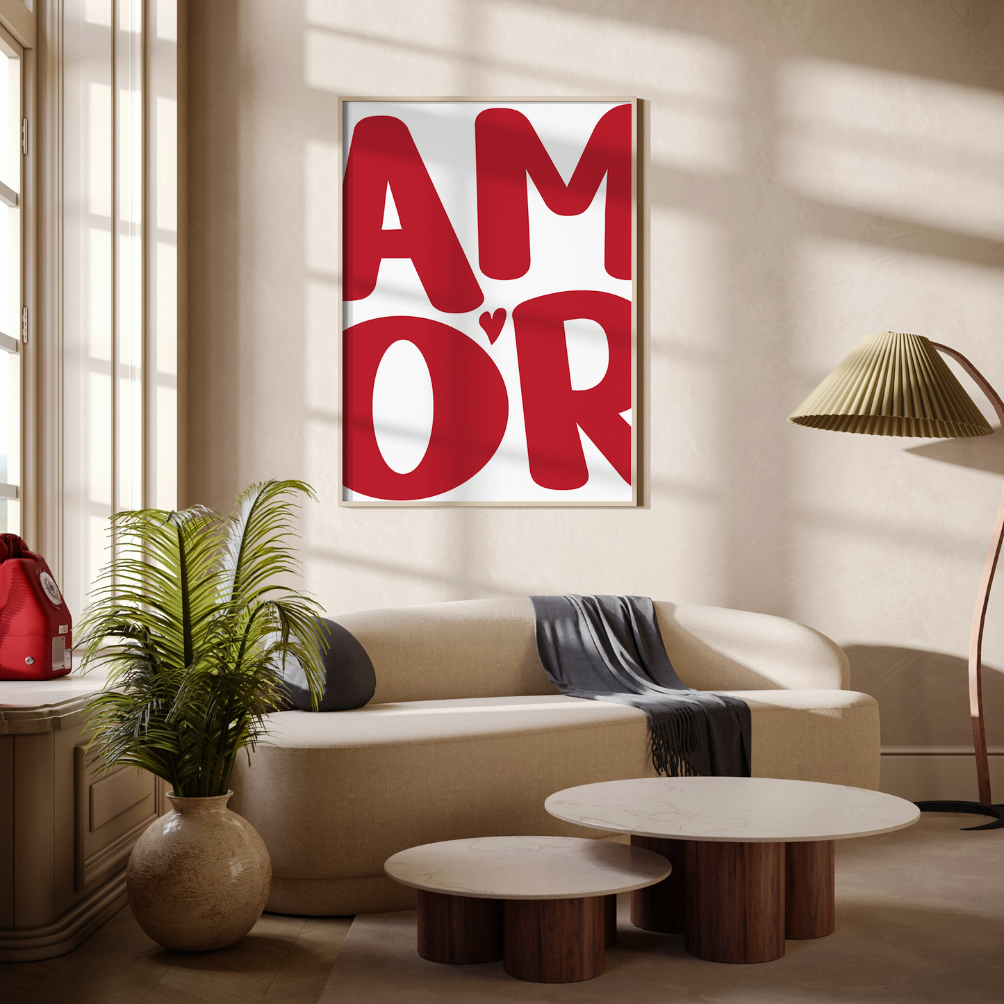 Large 'AMOR' Modern Aesthetic Wall Art Print in red on white. Framed cute wall decor in a stylish living room.