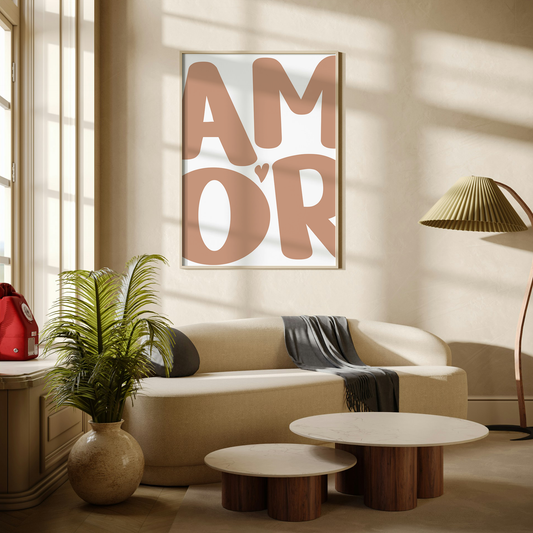Large 'AMOR' Modern Aesthetic Wall Art Print in pinky nude on white. Framed cute wall decor in a stylish living room.