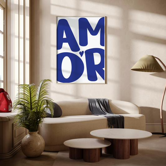 Large 'AMOR' Modern Aesthetic Wall Art Print in bold blue on white. Framed cute wall decor in a stylish living room.