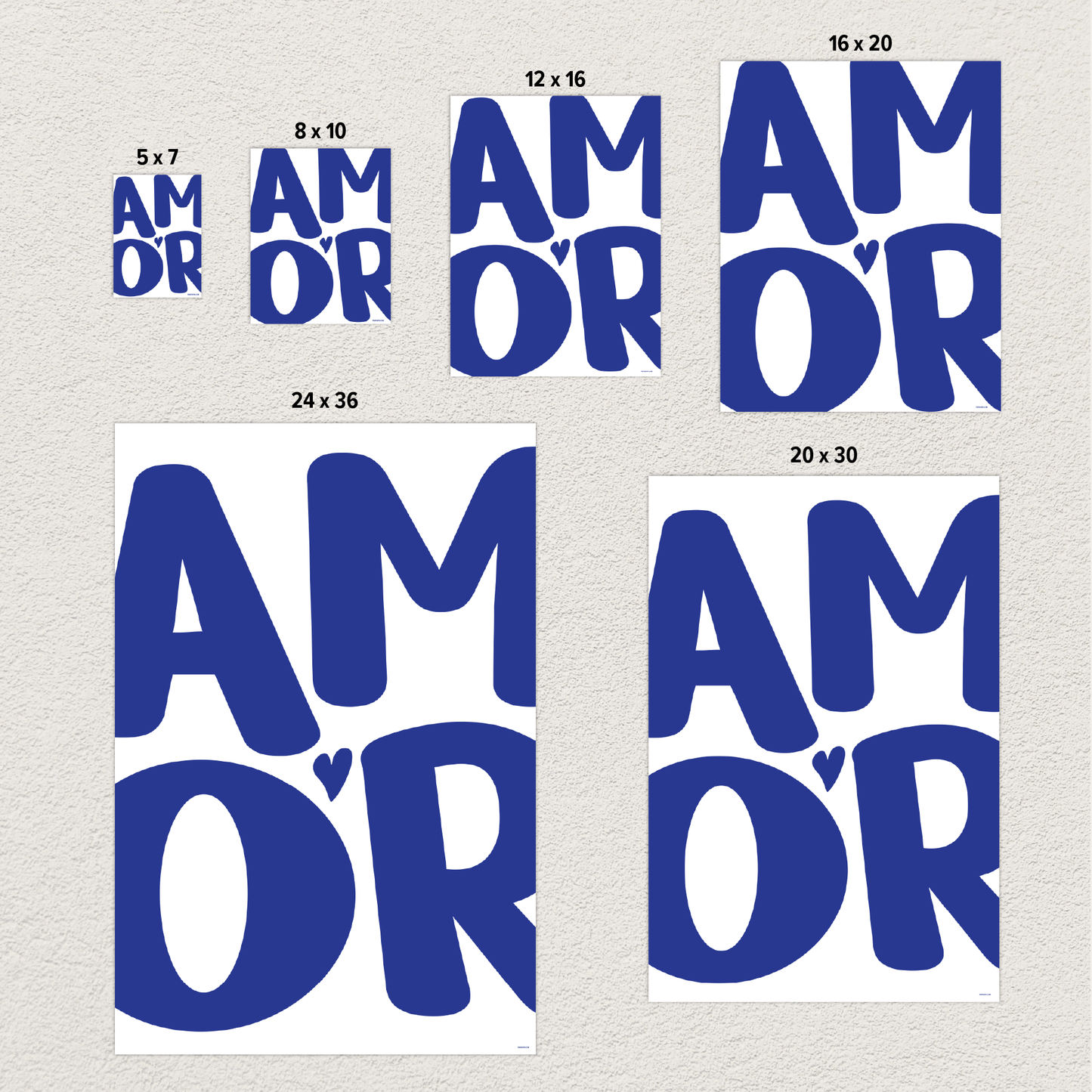 'AMOR' Modern Aesthetic Wall Art Print in bold blue, size comparison photo. Cute wall decor.