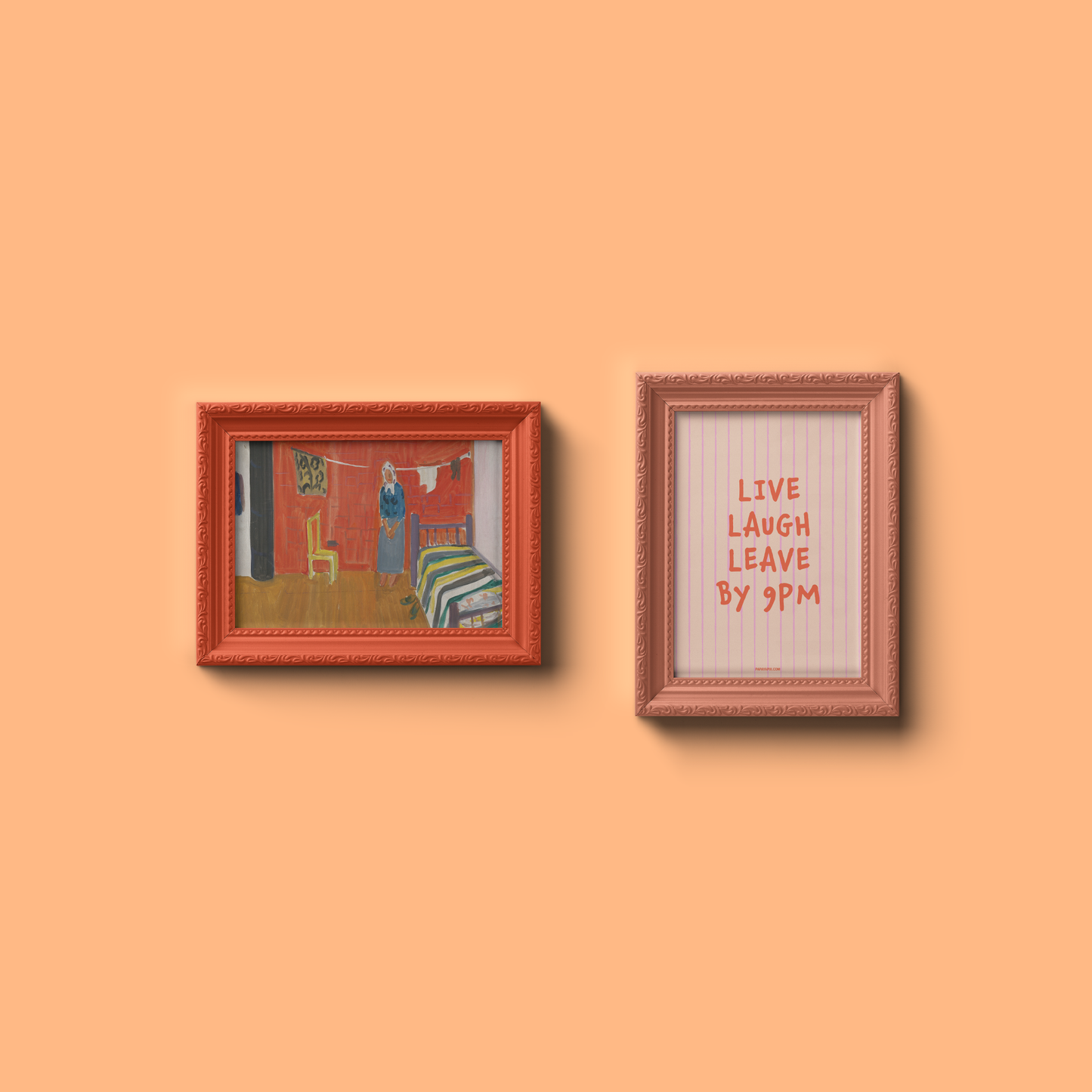 Small "Live, Laugh, Leave by 9 PM" Wall Art Print in pink. Cute wall decor / entryway artwork hanging in an ornamental frame.