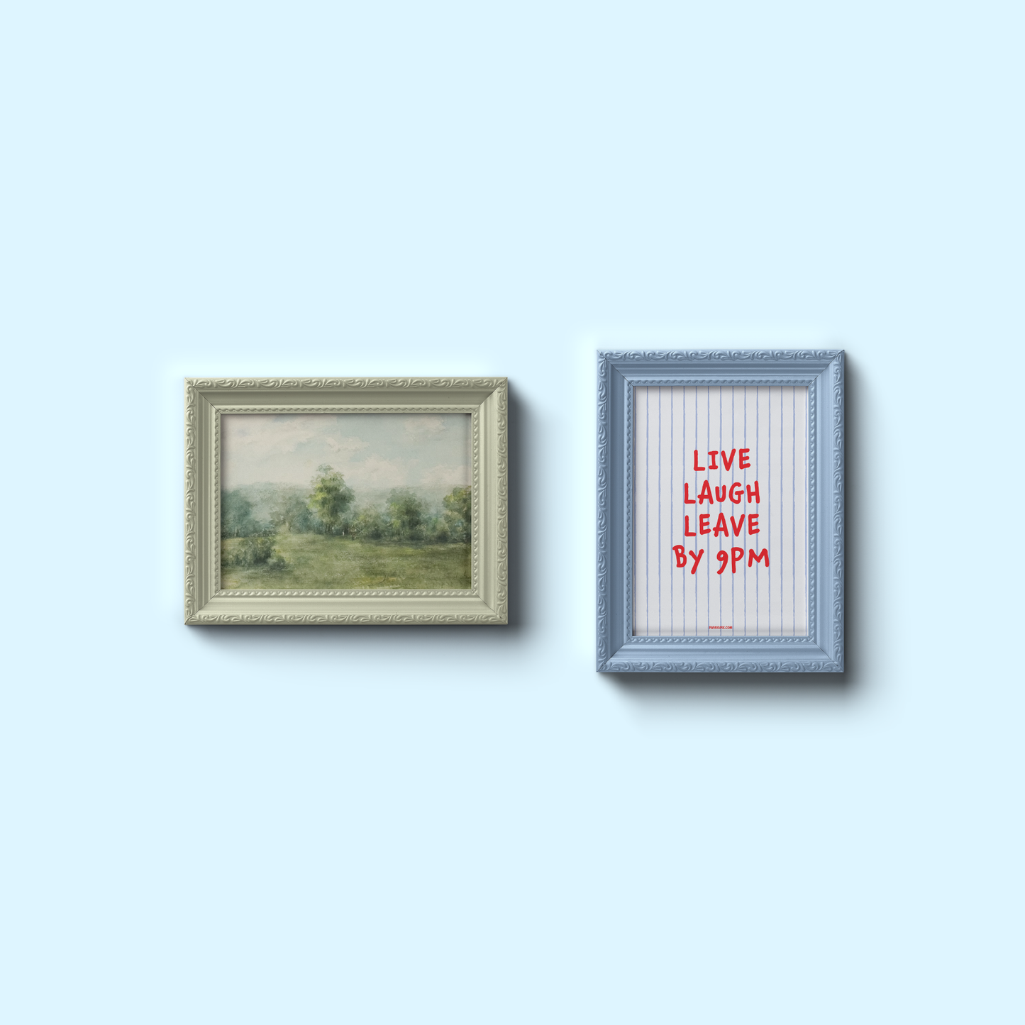 Small "Live, Laugh, Leave by 9 PM" Wall Art Print in blue with red words. Cute wall decor / entryway artwork hanging in an ornamental frame.