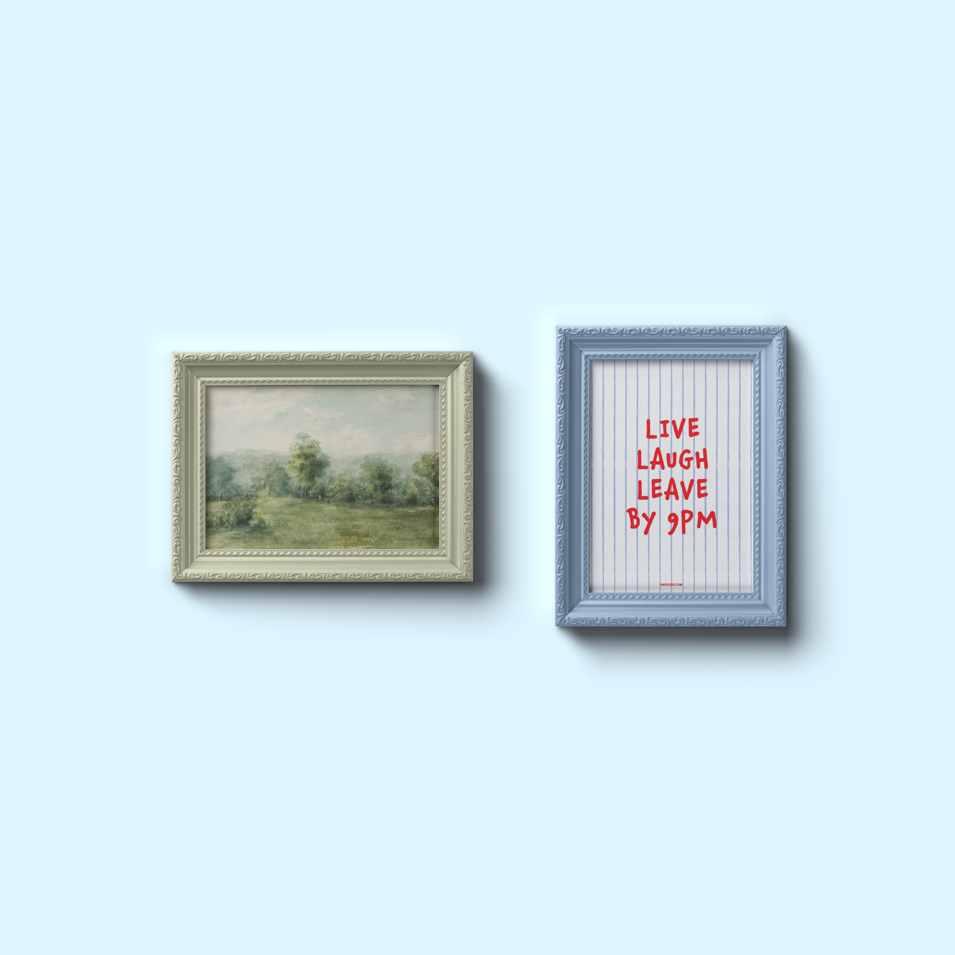 Small "Live, Laugh, Leave by 9 PM" Wall Art Print in blue with red words. Cute wall decor / entryway artwork hanging in an ornamental frame.