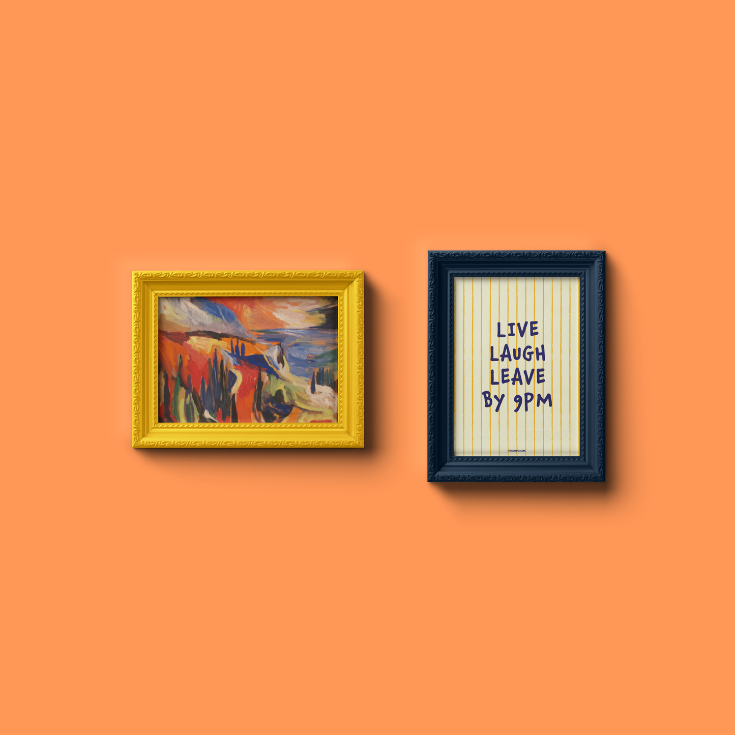 Small "Live, Laugh, Leave by 9 PM" Wall Art Print in yellow. Cute wall decor / entryway artwork hanging in an ornamental frame.