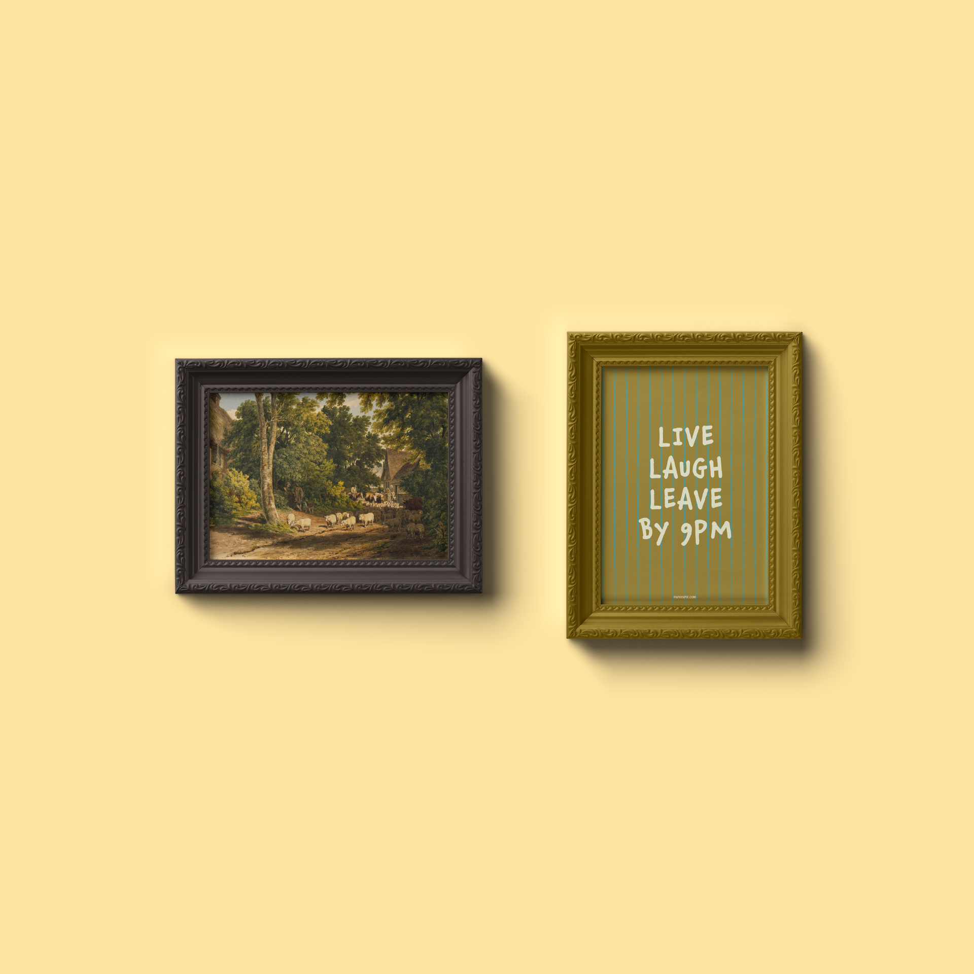Small "Live, Laugh, Leave by 9 PM" Wall Art Print in green. Cute wall decor / entryway artwork hanging in an ornamental frame.