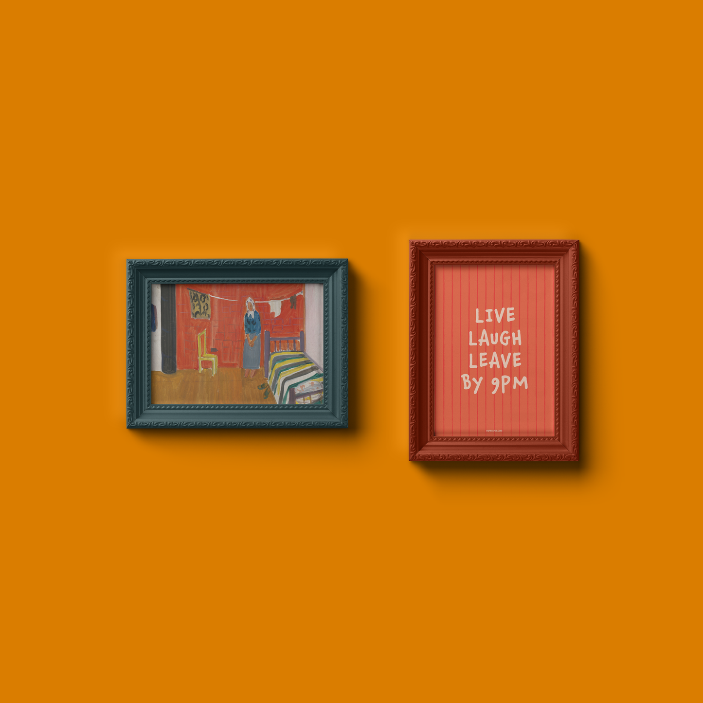 Small "Live, Laugh, Leave by 9 PM" Wall Art Print in coral. Cute wall decor / entryway artwork hanging in an ornamental frame.