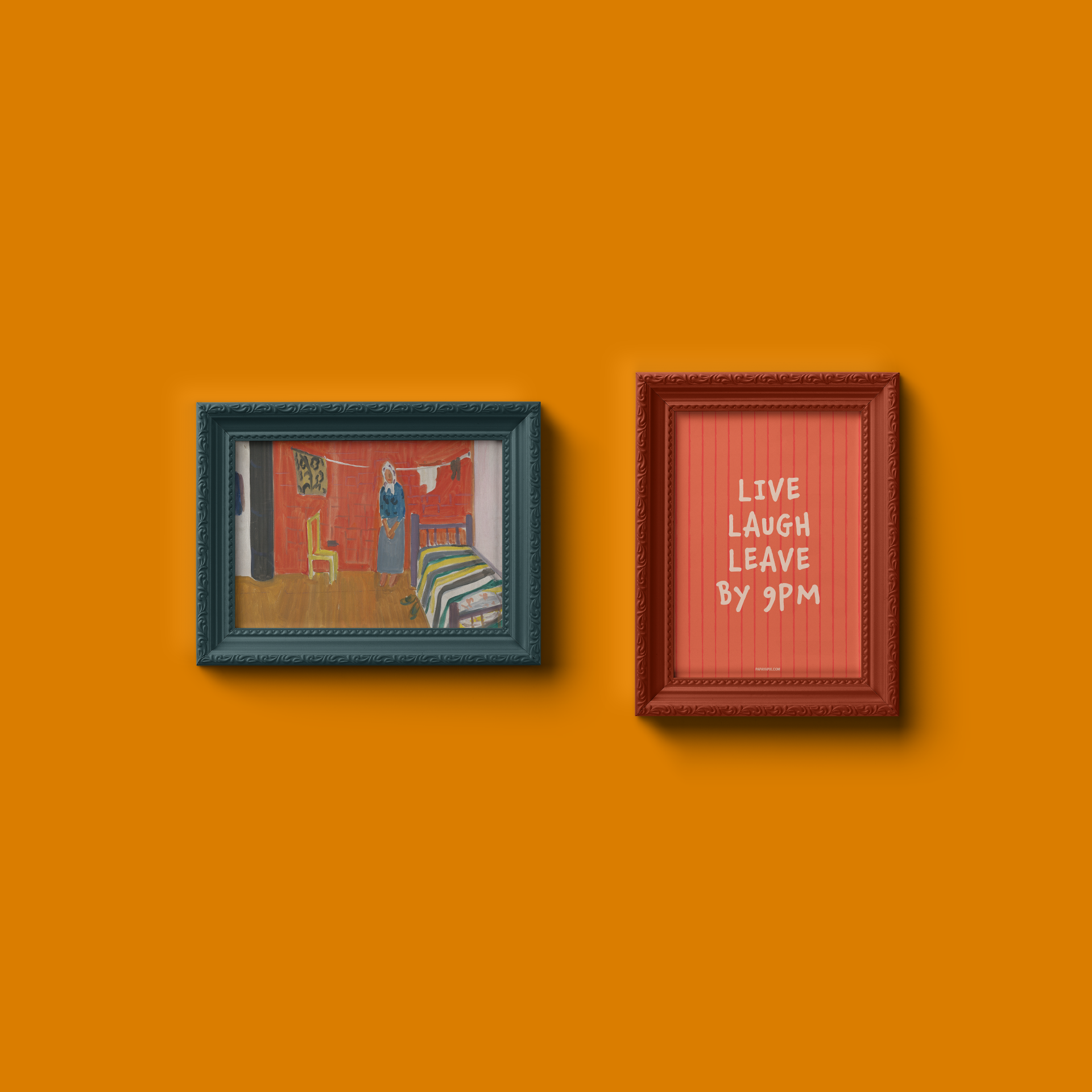 Small "Live, Laugh, Leave by 9 PM" Wall Art Print in coral. Cute wall decor / entryway artwork hanging in an ornamental frame.