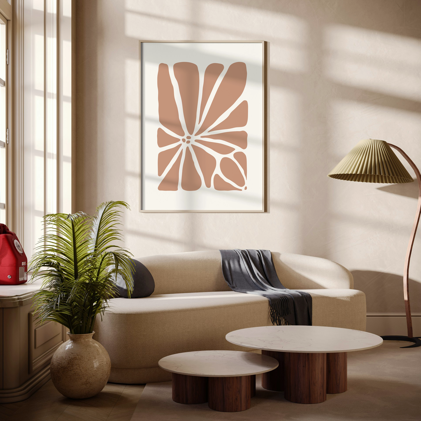 Large Geo Flower Wall Art Print in nude. A modern botanical wall art design, framed and hanging on the wall of a stylish beige living room.