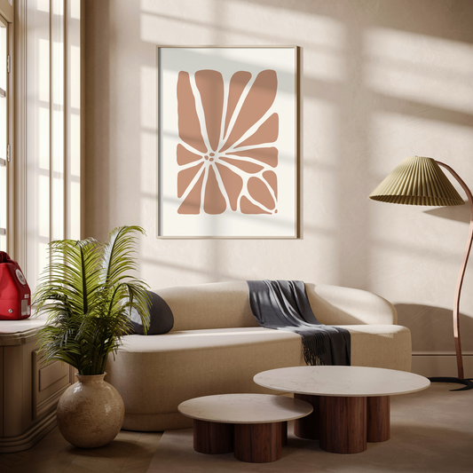 Large Geo Flower Wall Art Print in nude. A modern botanical wall art design, framed and hanging on the wall of a stylish beige living room.