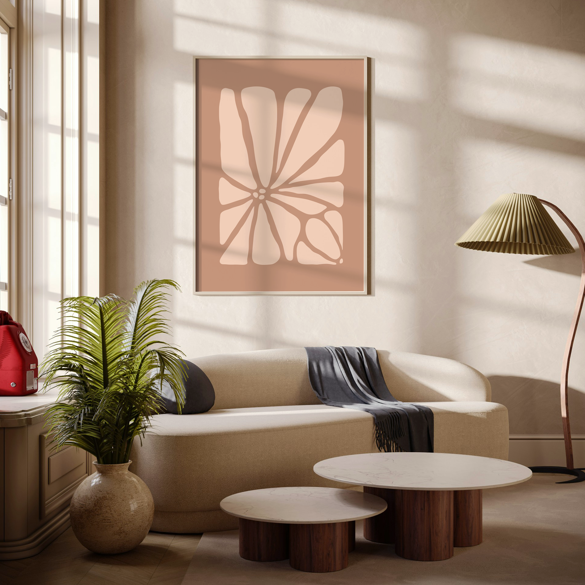 Large Geo Flower Wall Art Print in nude and pink. A modern botanical wall art design, framed and hanging on the wall of a stylish beige living room.