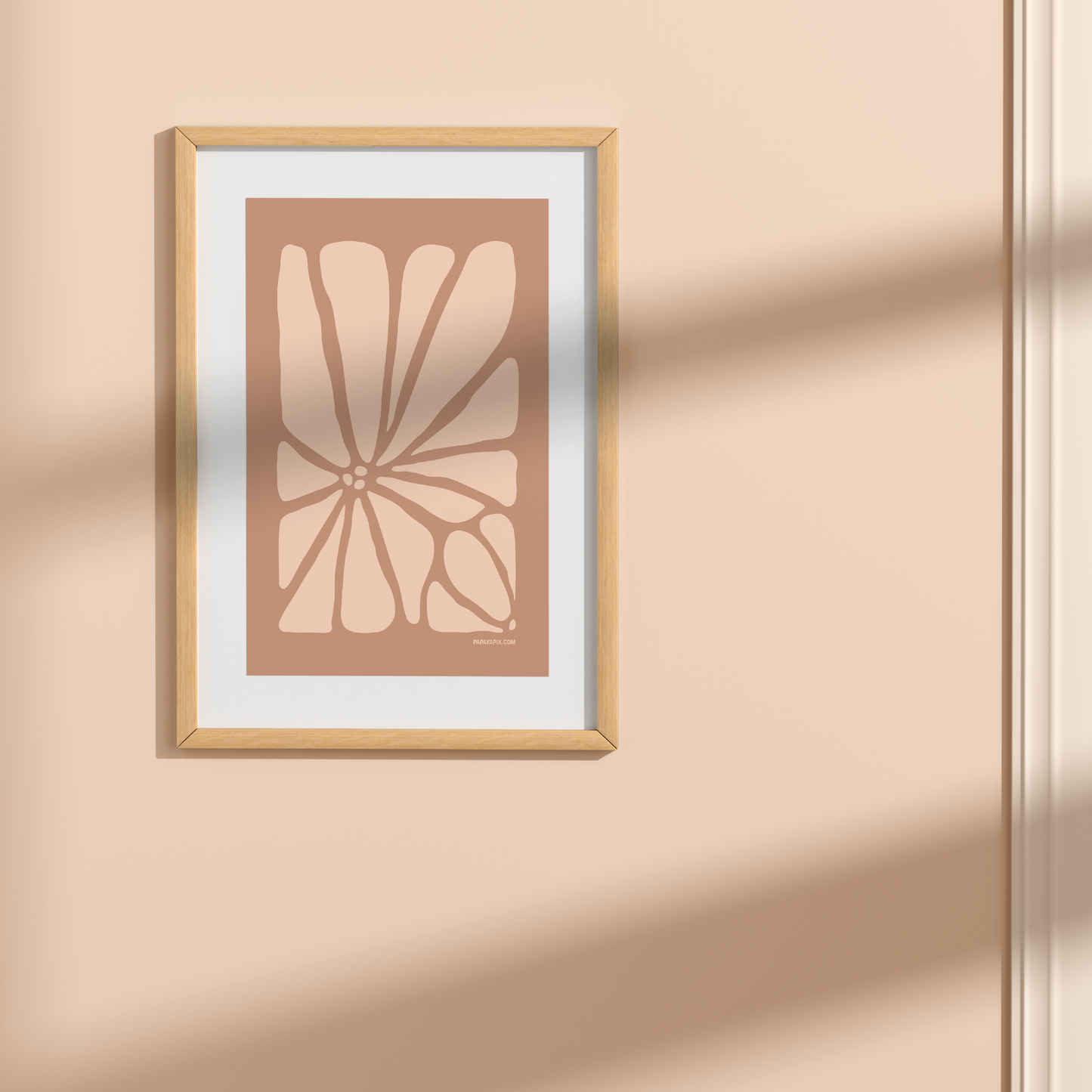Geo Flower Wall Art Print in nude and light pink, small size. A modern botanical wall art design.