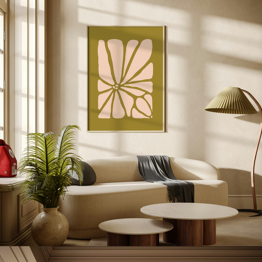 Large Geo Flower Wall Art Print in green and pink. A modern botanical wall art design, framed and hanging on the wall of a stylish beige living room.