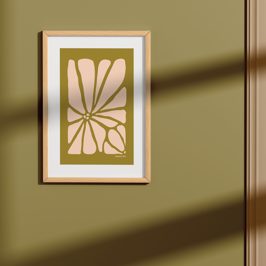 Geo Flower Wall Art Print in warm green and light pink, small size. A modern botanical wall art design.