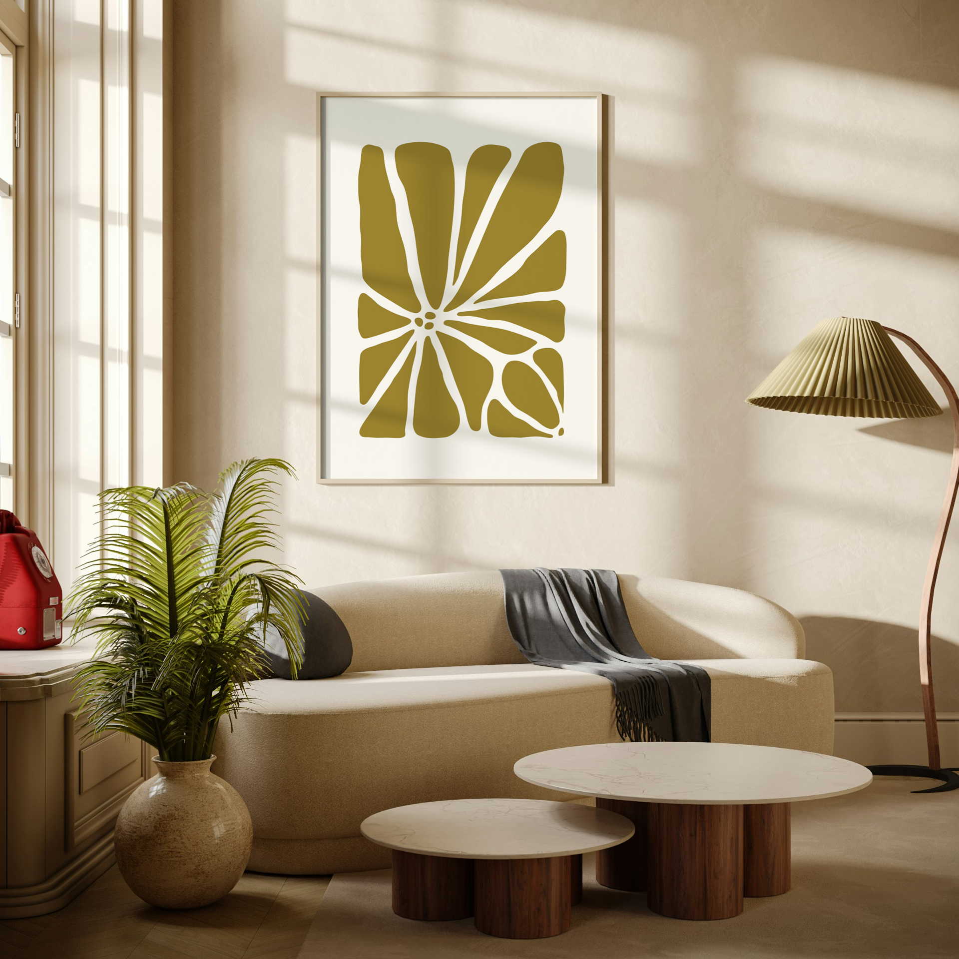 Large Geo Flower Wall Art Print in warm green. A modern botanical wall art design, framed and hanging on the wall of a stylish beige living room.
