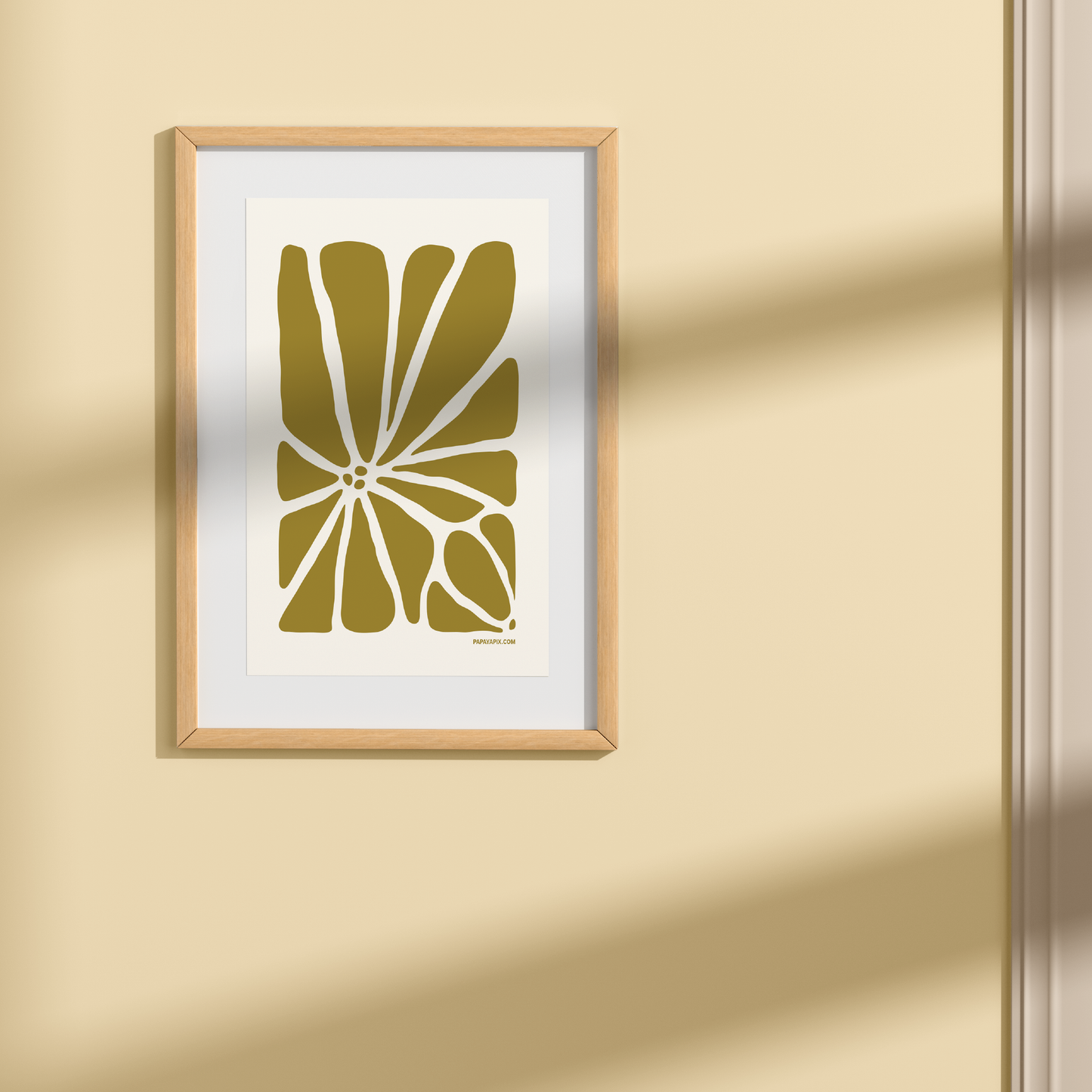 Geo Flower Wall Art Print in warm green, small size. A modern botanical wall art design.