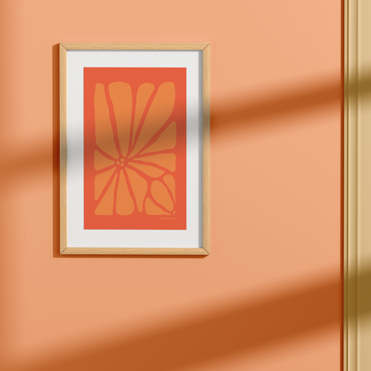 Geo Flower Wall Art Print in coral and orange, size small. A modern botanical wall art design.