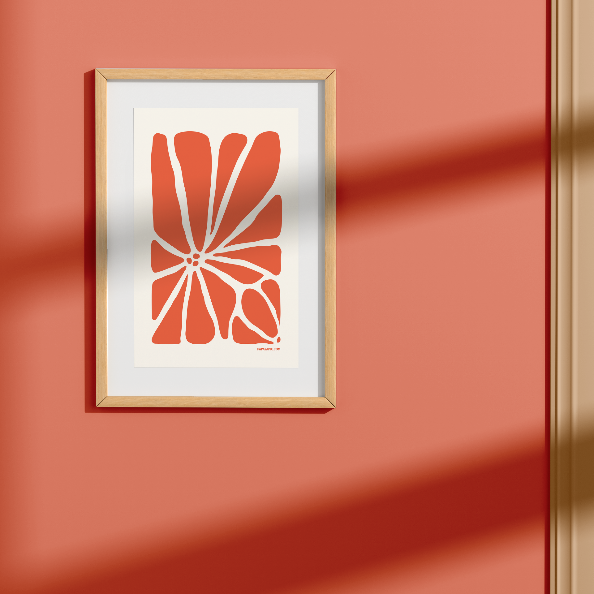 Geo Flower Wall Art Print in coral, small size. A modern botanical wall art design.