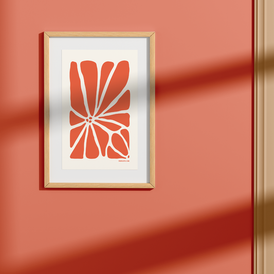 Geo Flower Wall Art Print in coral, small size. A modern botanical wall art design.