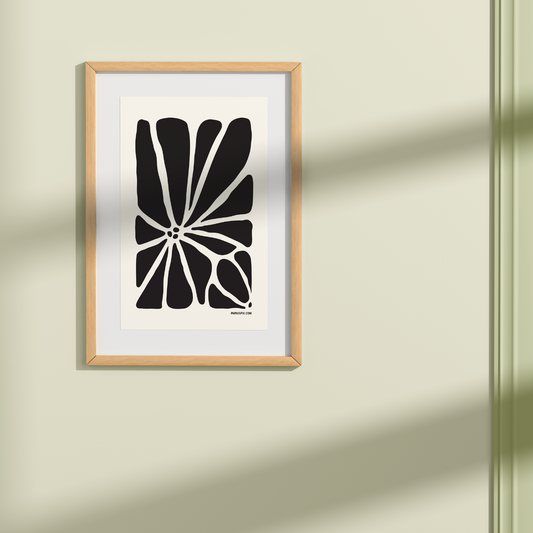 Geo Flower Wall Art Print in black, small size. A modern botanical wall art design.
