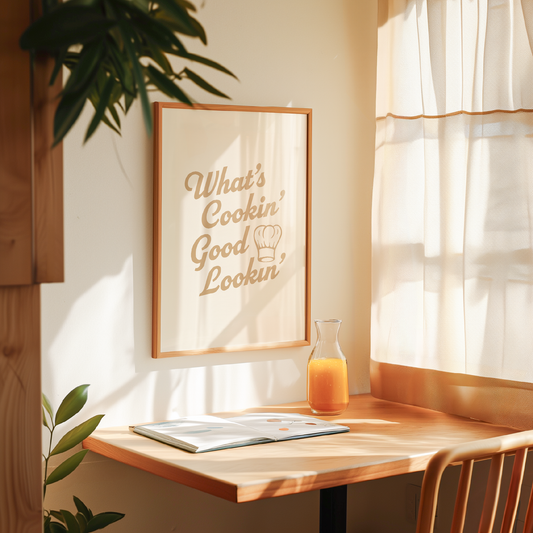Large "What's Cookin' Good Lookin'" Kitchen Wall Art Print in Ta on warm off-white background. Framed dining room wall decor.