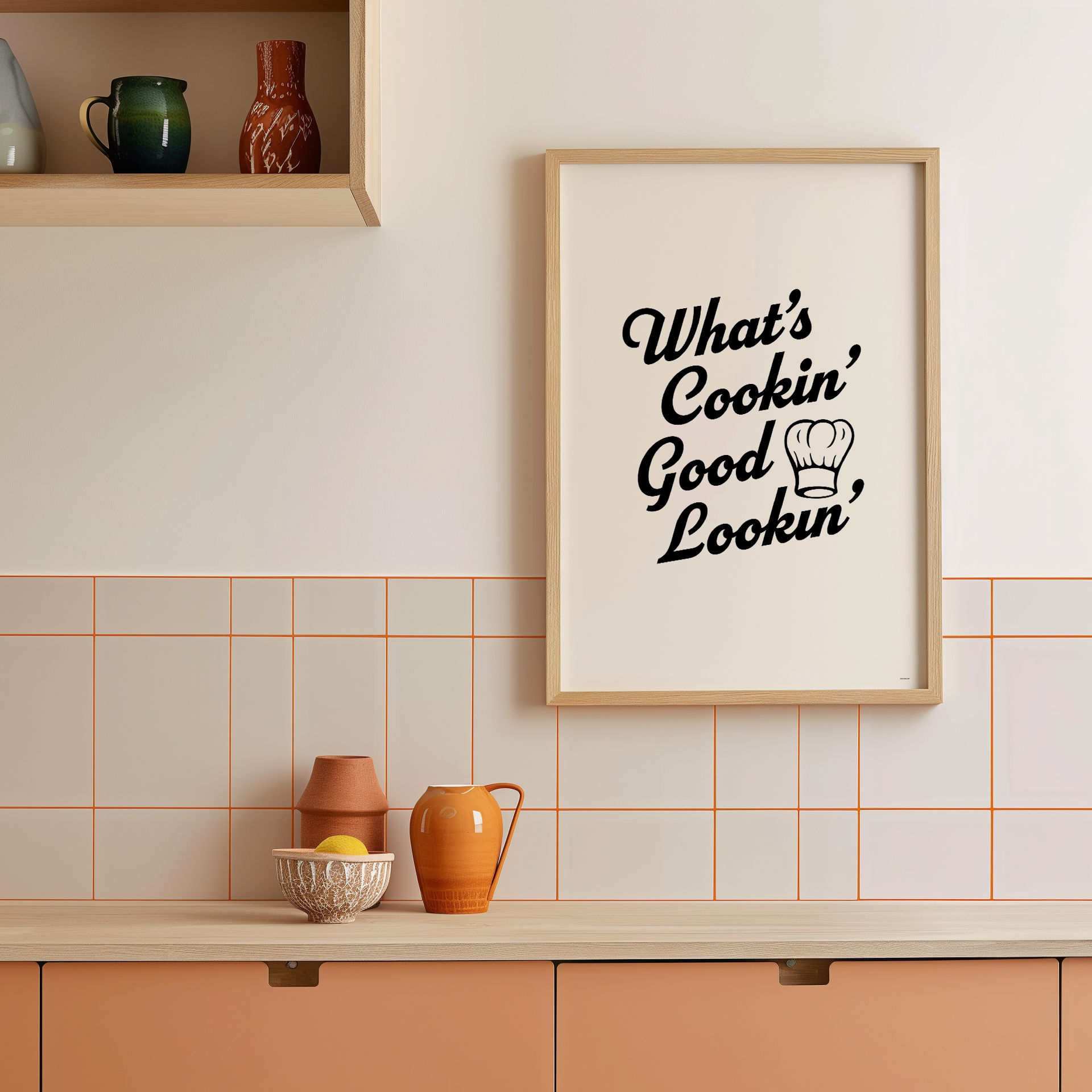 Medium "What's Cookin' Good Lookin'" Kitchen Wall Art Print in Black on warm off-white background. Framed kitchen wall decor.