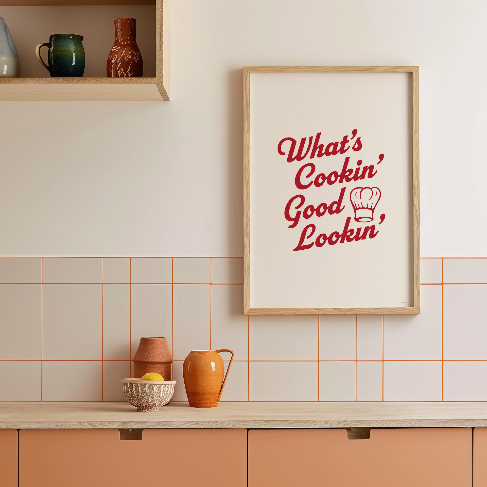 Medium "What's Cookin' Good Lookin'" Kitchen Wall Art Print in Red on warm off-white background. Framed kitchen wall decor.