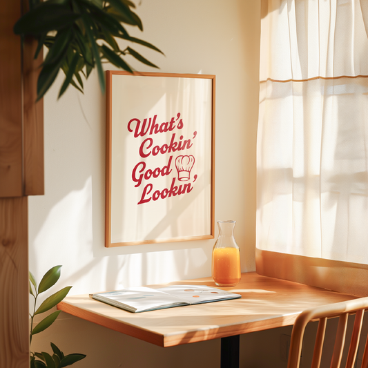 Large "What's Cookin' Good Lookin'" Kitchen Wall Art Print in Red on warm off-white background. Framed dining room wall decor.