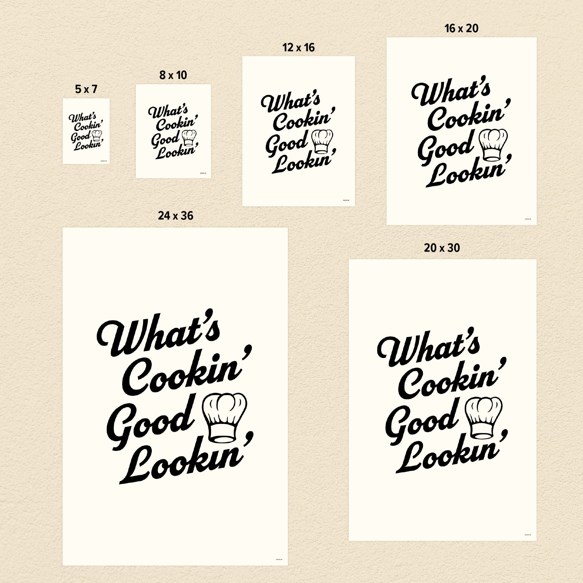 "What's Cookin' Good Lookin'" Kitchen Wall Art Print, size comparison photo. Cute wall decor.