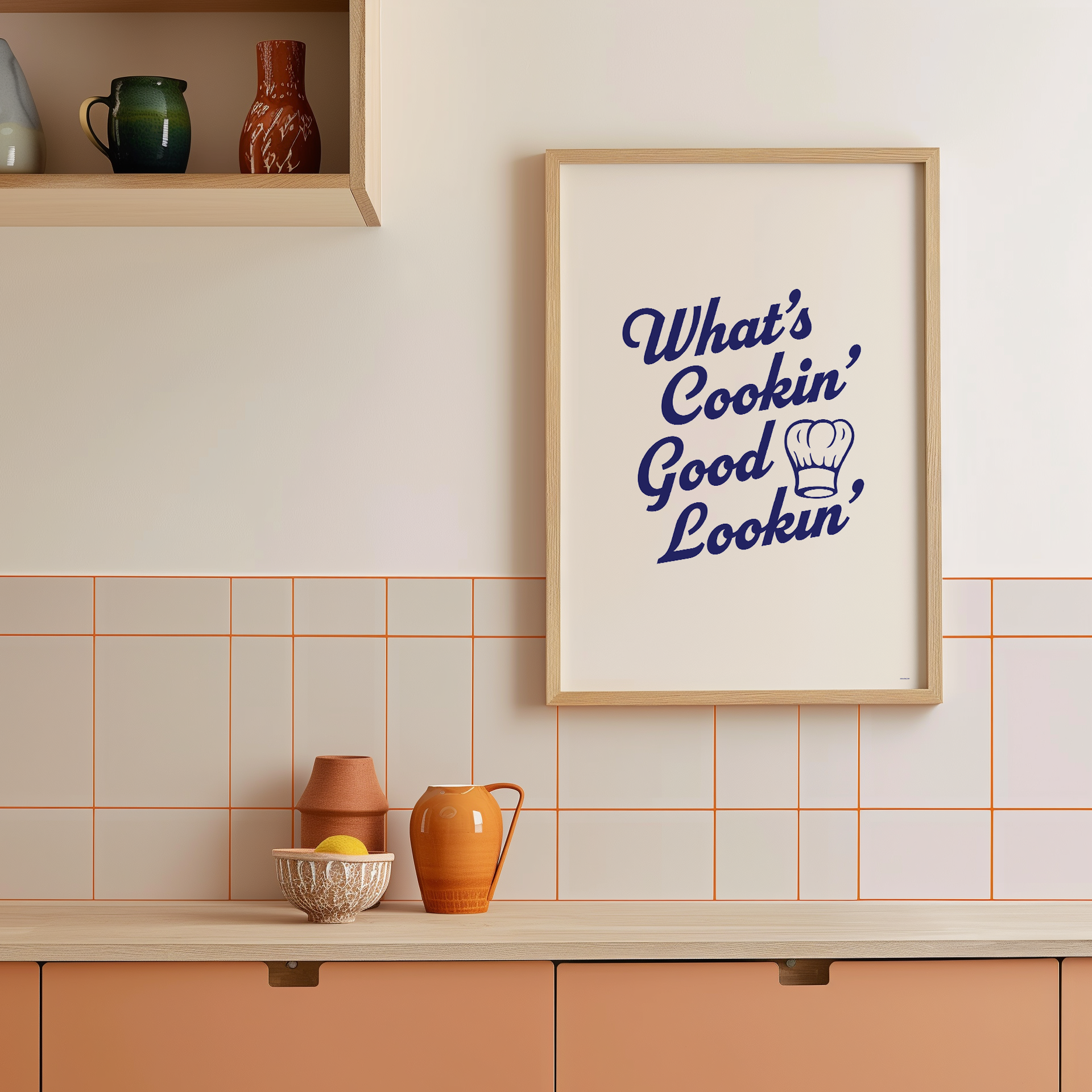Medium "What's Cookin' Good Lookin'" Kitchen Wall Art Print in Blue on warm off-white background. Framed kitchen wall decor.