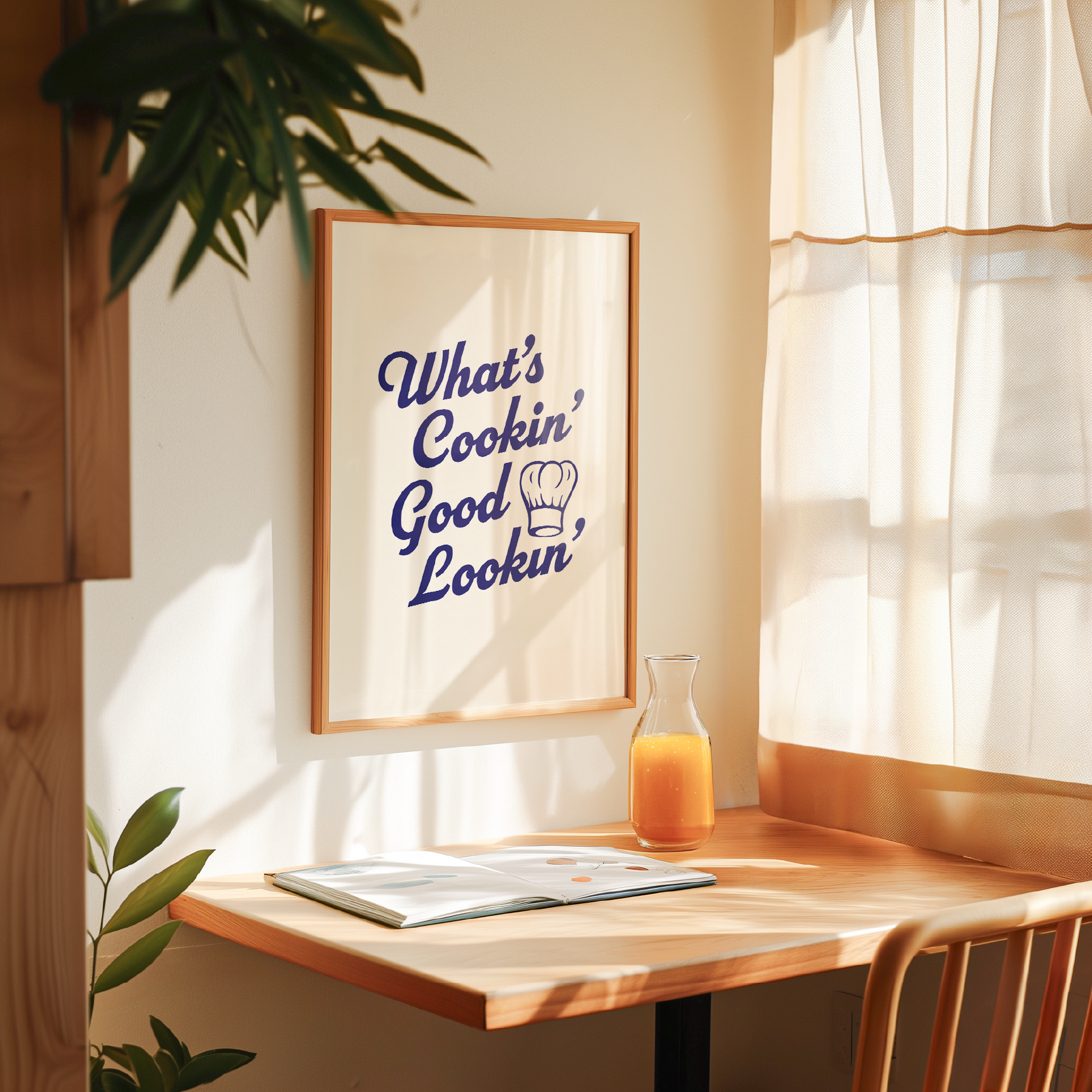 Large "What's Cookin' Good Lookin'" Kitchen Wall Art Print in Blue on warm off-white background. Framed dining room wall decor.