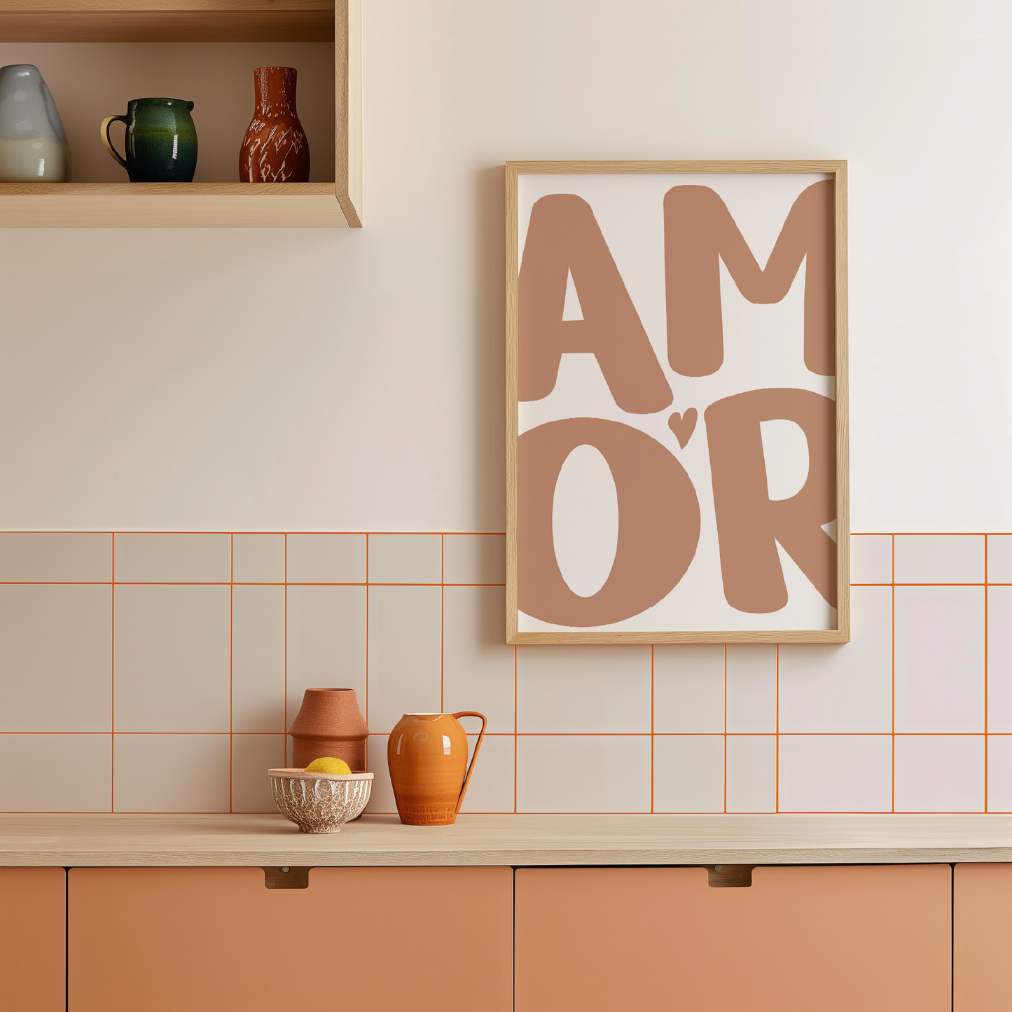 Medium 'AMOR' Modern Aesthetic Wall Art Print in pinky nude on white. Framed cute wall decor in a chic kitchen.