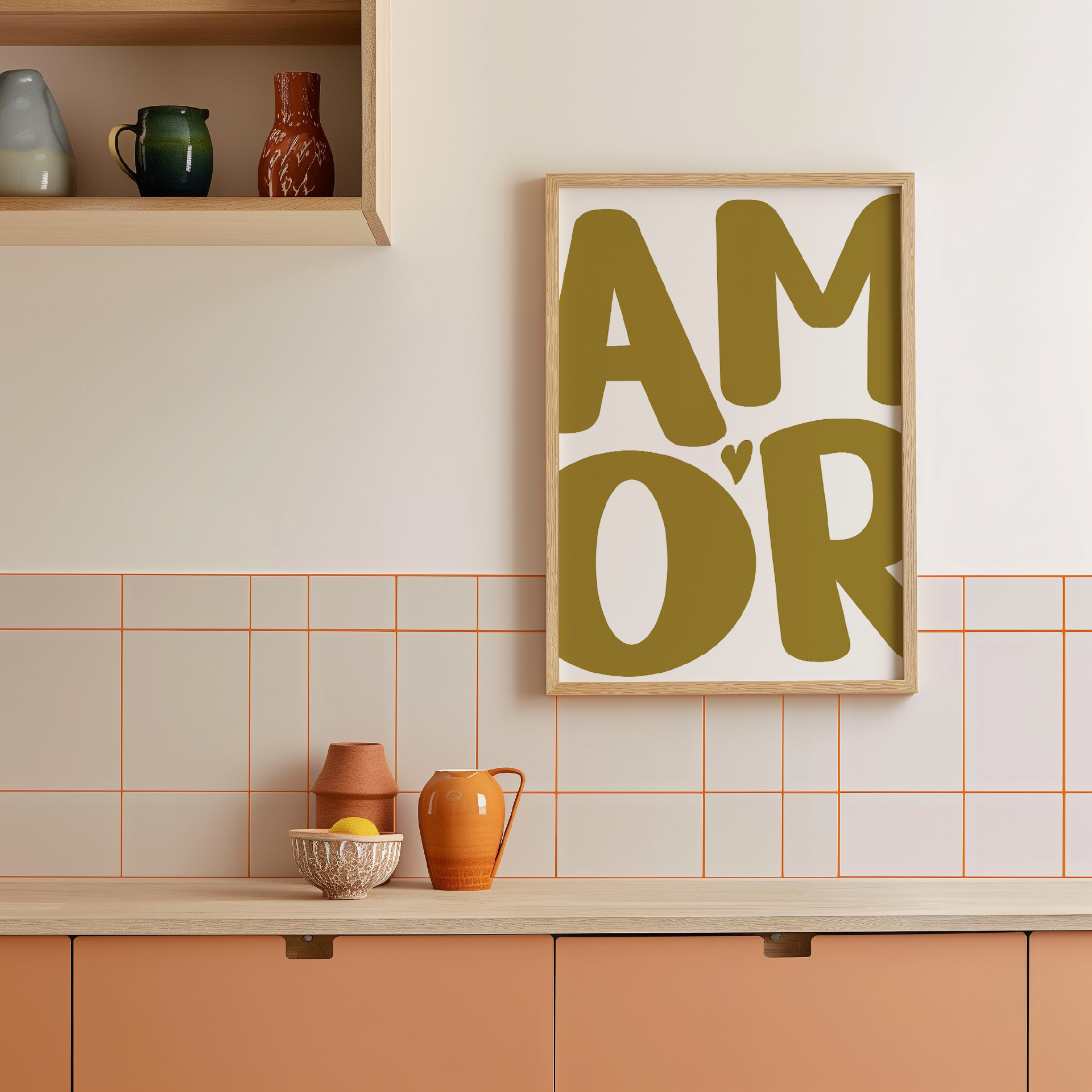 Medium 'AMOR' Modern Aesthetic Wall Art Print in warm green on white. Framed cute wall decor in a chic kitchen.