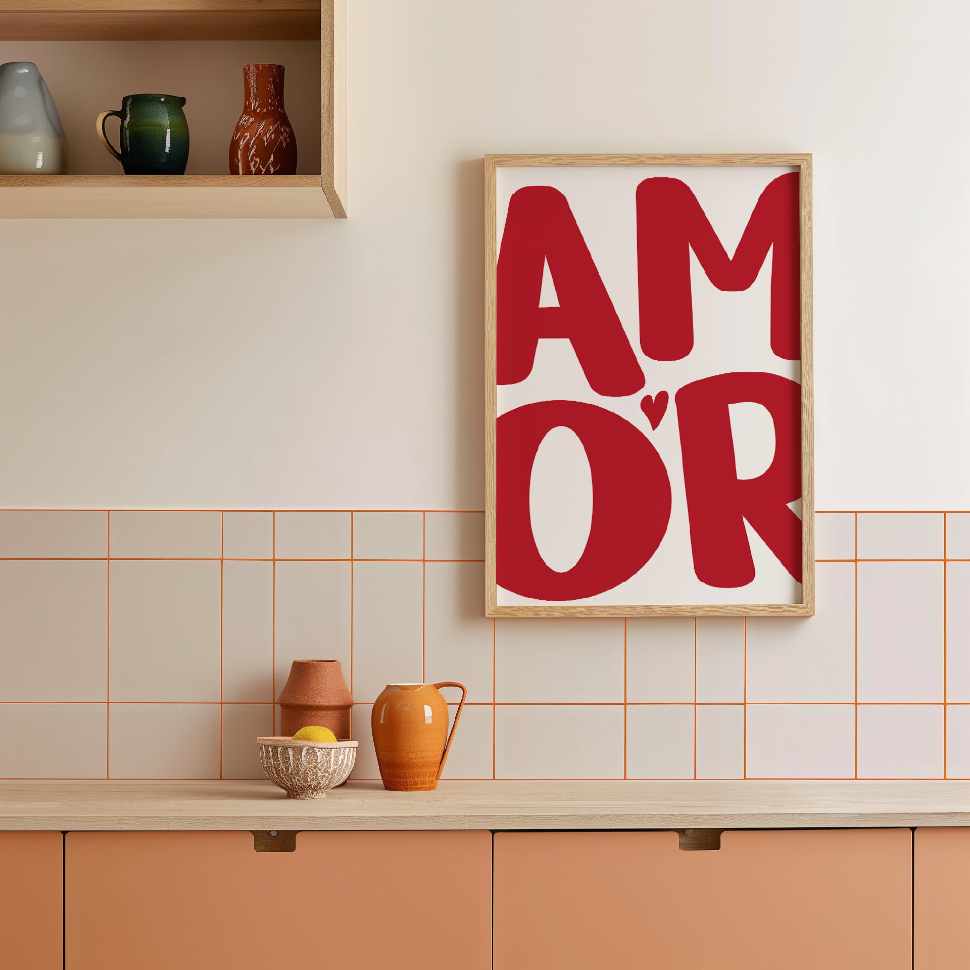 Medium 'AMOR' Modern Aesthetic Wall Art Print in red on white. Framed cute wall decor in a chic kitchen.