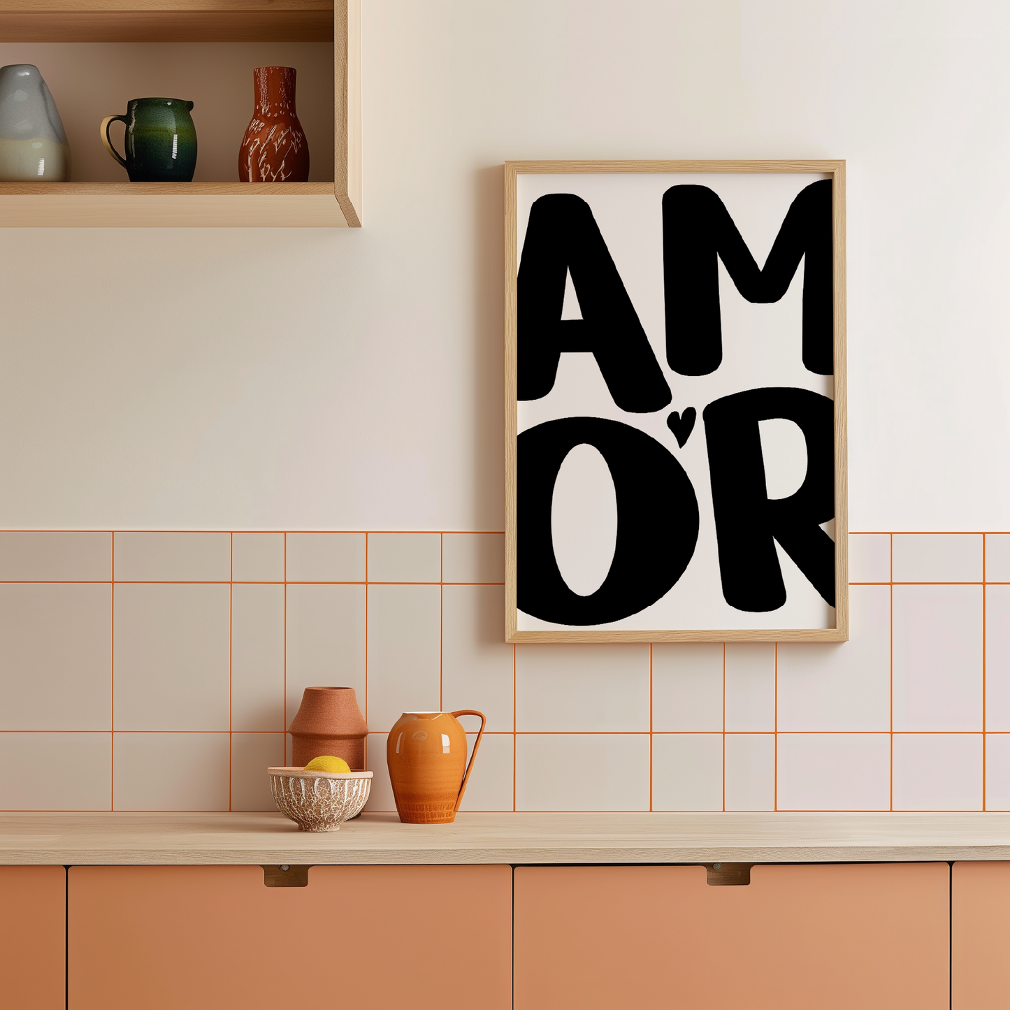 Medium 'AMOR' Modern Aesthetic Wall Art Print in bold black on white. Framed cute wall decor in a chic kitchen.