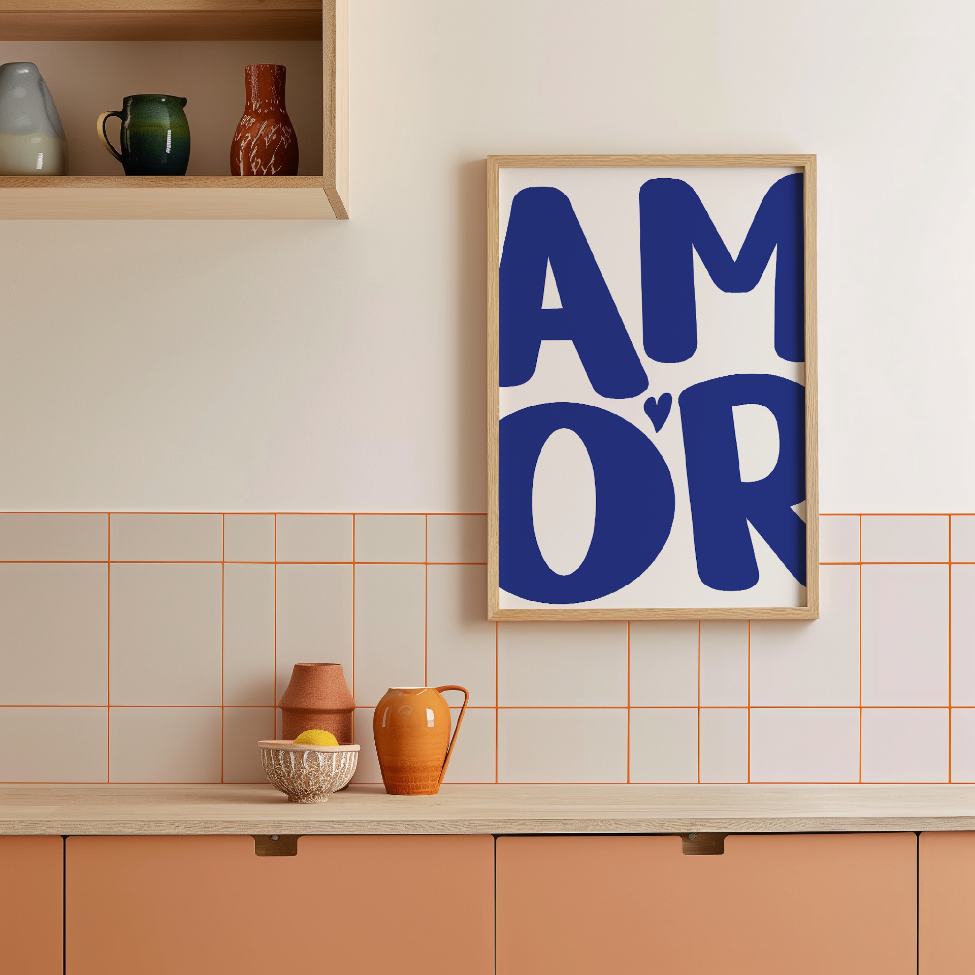 Medium 'AMOR' Modern Aesthetic Wall Art Print in bold blue on white. Framed cute wall decor in a chic kitchen.